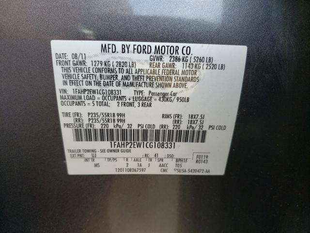 Photo 9 VIN: 1FAHP2EW1CG108331 - FORD TAURUS SEL 