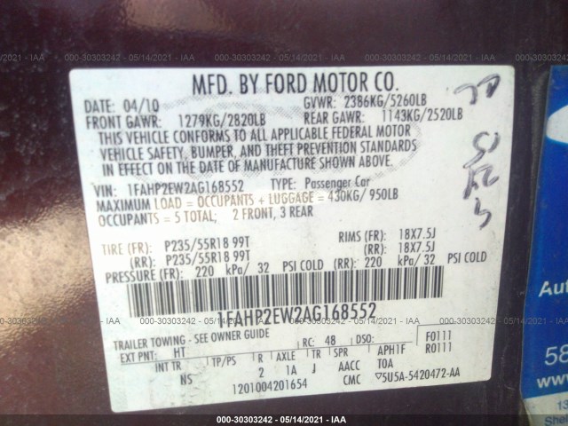 Photo 8 VIN: 1FAHP2EW2AG168552 - FORD TAURUS 