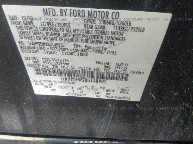 Photo 8 VIN: 1FAHP2EW2BG148982 - FORD TAURUS 