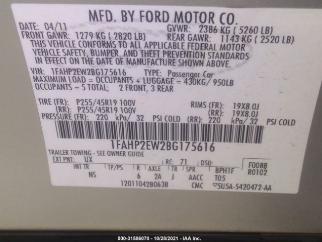 Photo 8 VIN: 1FAHP2EW2BG175616 - FORD TAURUS 