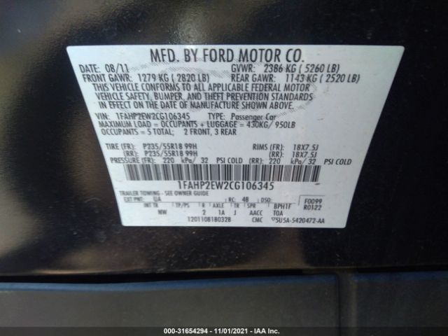 Photo 8 VIN: 1FAHP2EW2CG106345 - FORD TAURUS 