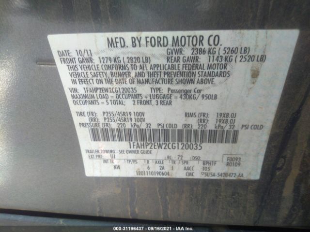 Photo 8 VIN: 1FAHP2EW2CG120035 - FORD TAURUS 