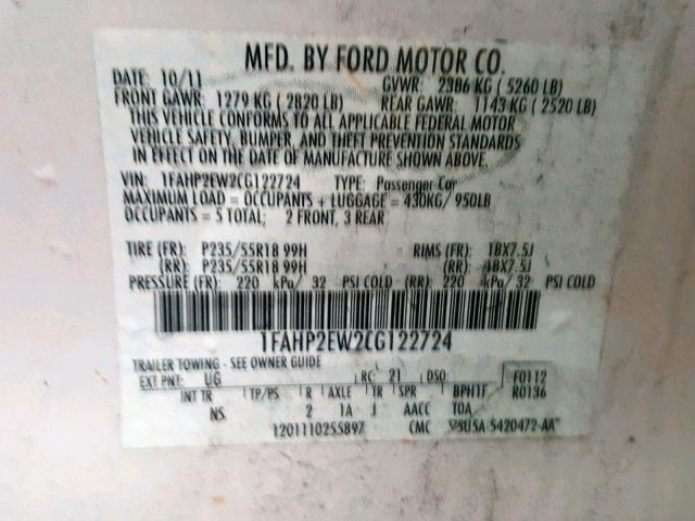 Photo 9 VIN: 1FAHP2EW2CG122724 - FORD TAURUS SEL 