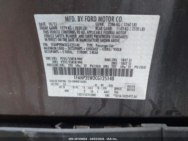 Photo 8 VIN: 1FAHP2EW2CG125140 - FORD TAURUS 