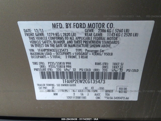 Photo 8 VIN: 1FAHP2EW2CG135473 - FORD TAURUS 