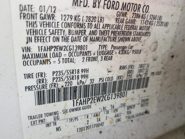 Photo 9 VIN: 1FAHP2EW2CG139801 - FORD TAURUS SEL 