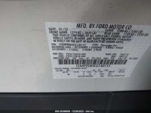 Photo 8 VIN: 1FAHP2EW2CG140155 - FORD TAURUS 