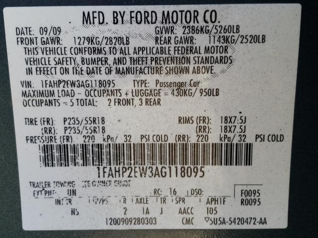 Photo 9 VIN: 1FAHP2EW3AG118095 - FORD TAURUS SEL 