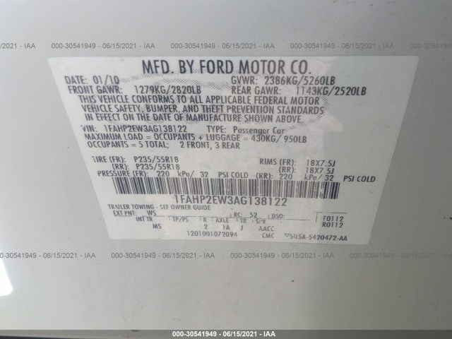 Photo 8 VIN: 1FAHP2EW3AG138122 - FORD TAURUS 