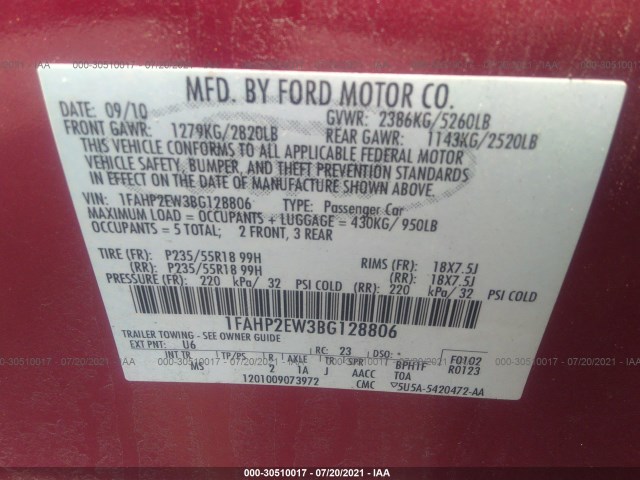 Photo 8 VIN: 1FAHP2EW3BG128806 - FORD TAURUS 