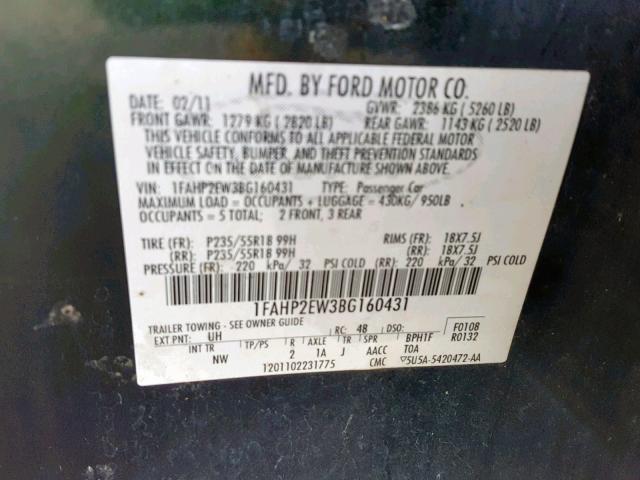 Photo 9 VIN: 1FAHP2EW3BG160431 - FORD TAURUS SEL 