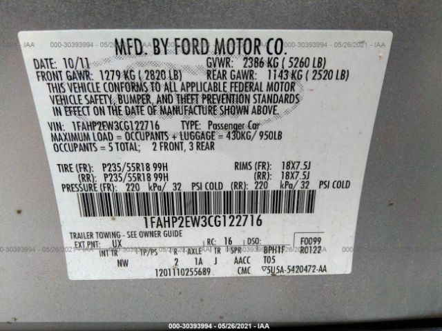 Photo 8 VIN: 1FAHP2EW3CG122716 - FORD TAURUS 