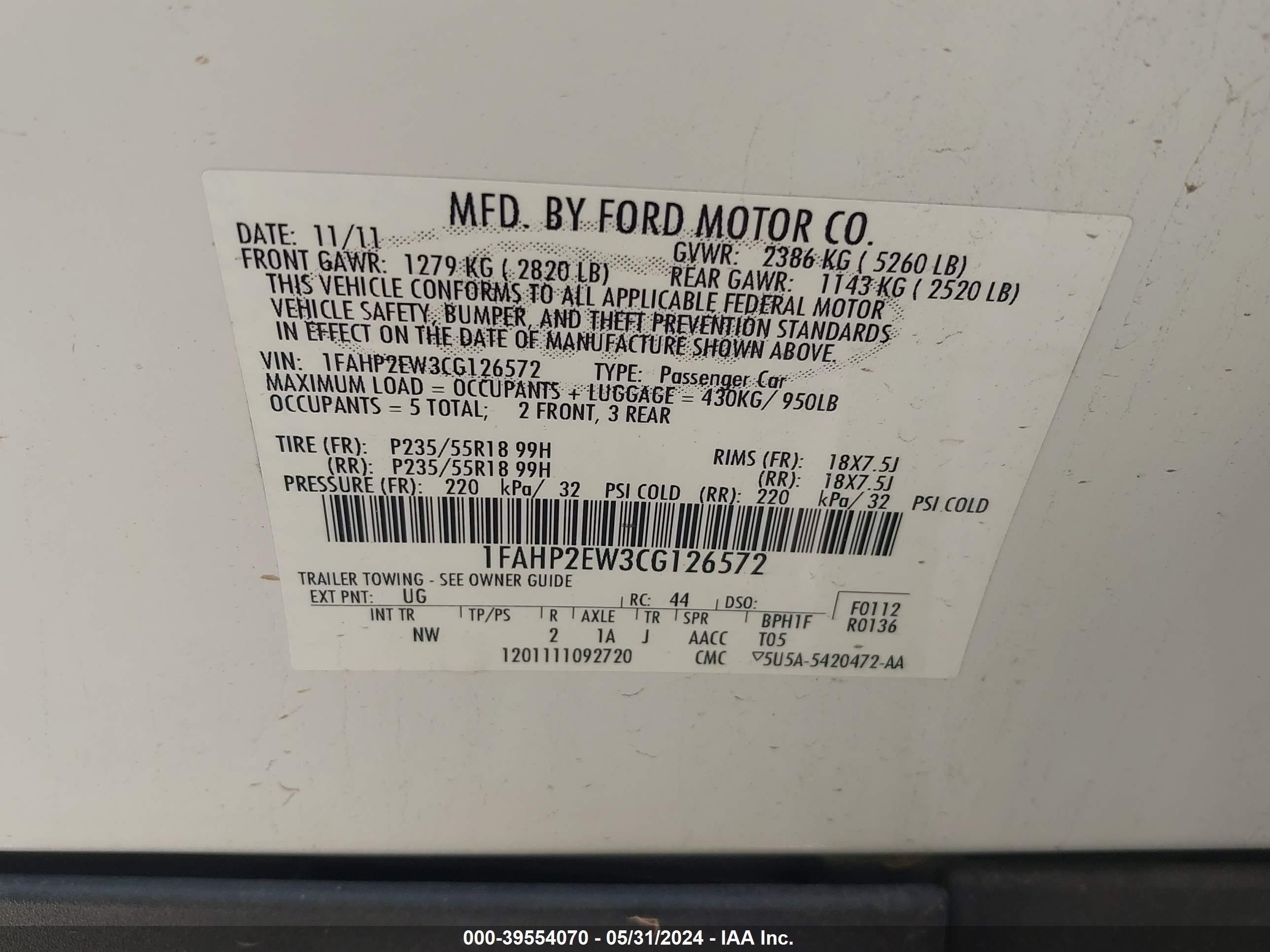 Photo 8 VIN: 1FAHP2EW3CG126572 - FORD TAURUS 