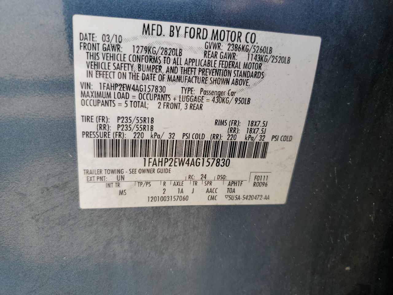 Photo 11 VIN: 1FAHP2EW4AG157830 - FORD TAURUS 