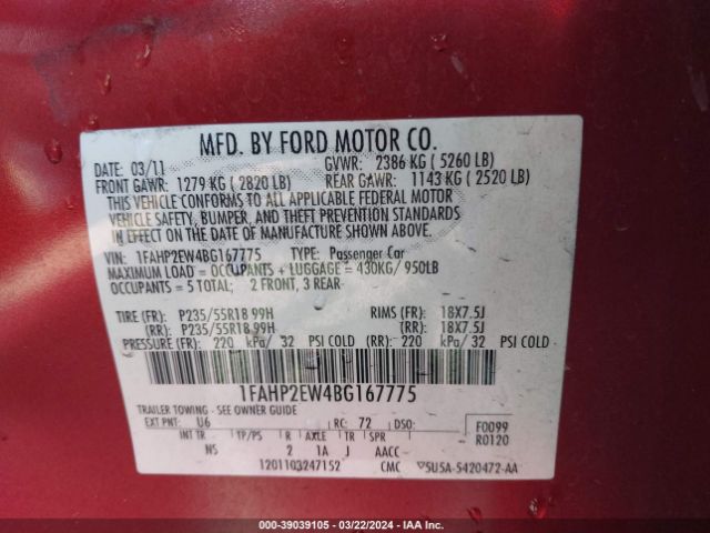 Photo 8 VIN: 1FAHP2EW4BG167775 - FORD TAURUS 