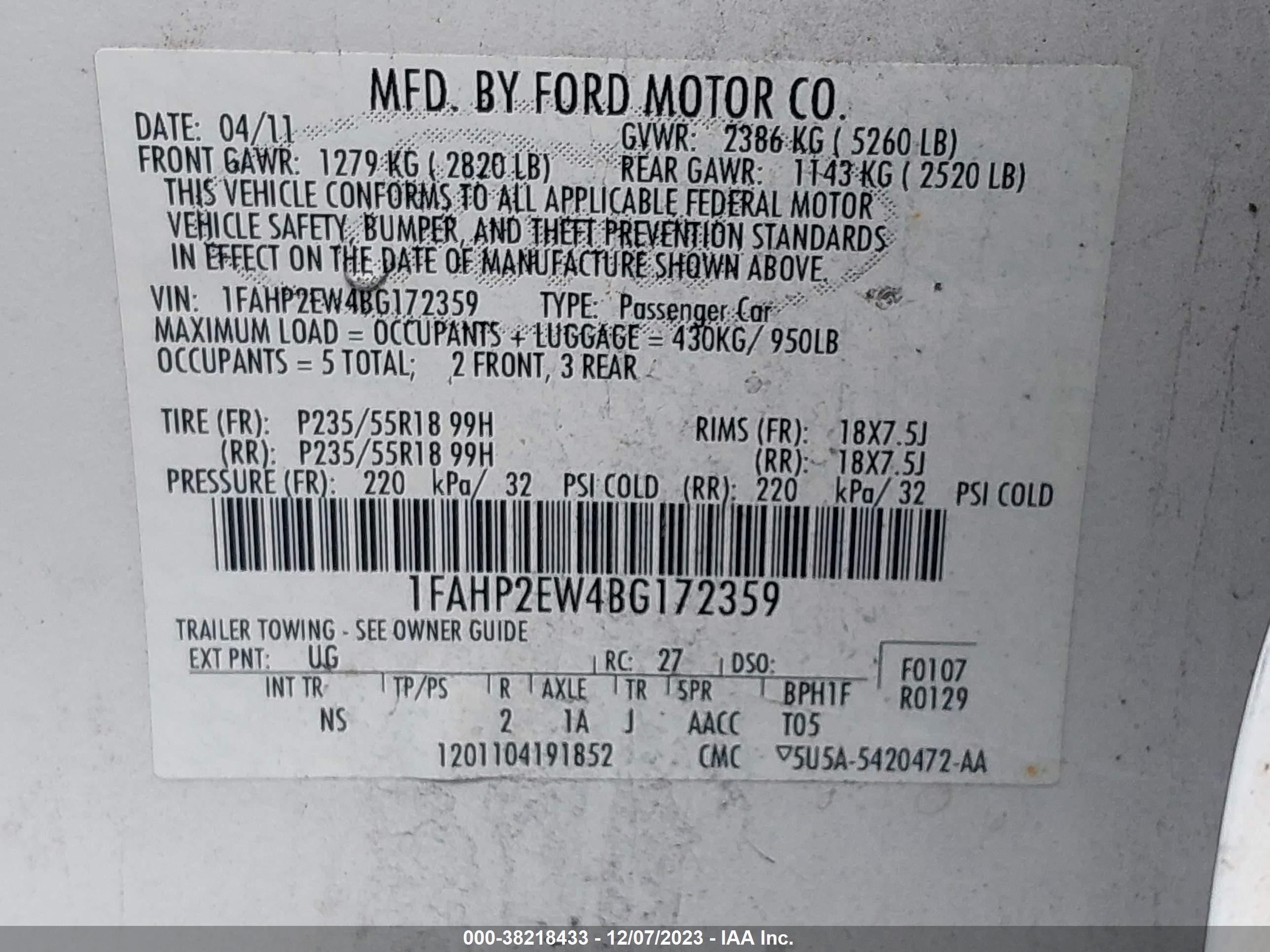 Photo 8 VIN: 1FAHP2EW4BG172359 - FORD TAURUS 