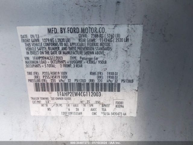 Photo 8 VIN: 1FAHP2EW4CG112003 - FORD TAURUS 