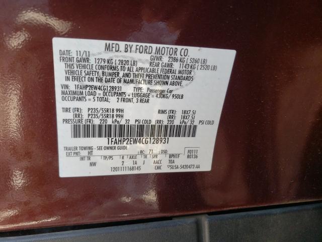 Photo 9 VIN: 1FAHP2EW4CG128931 - FORD TAURUS SEL 