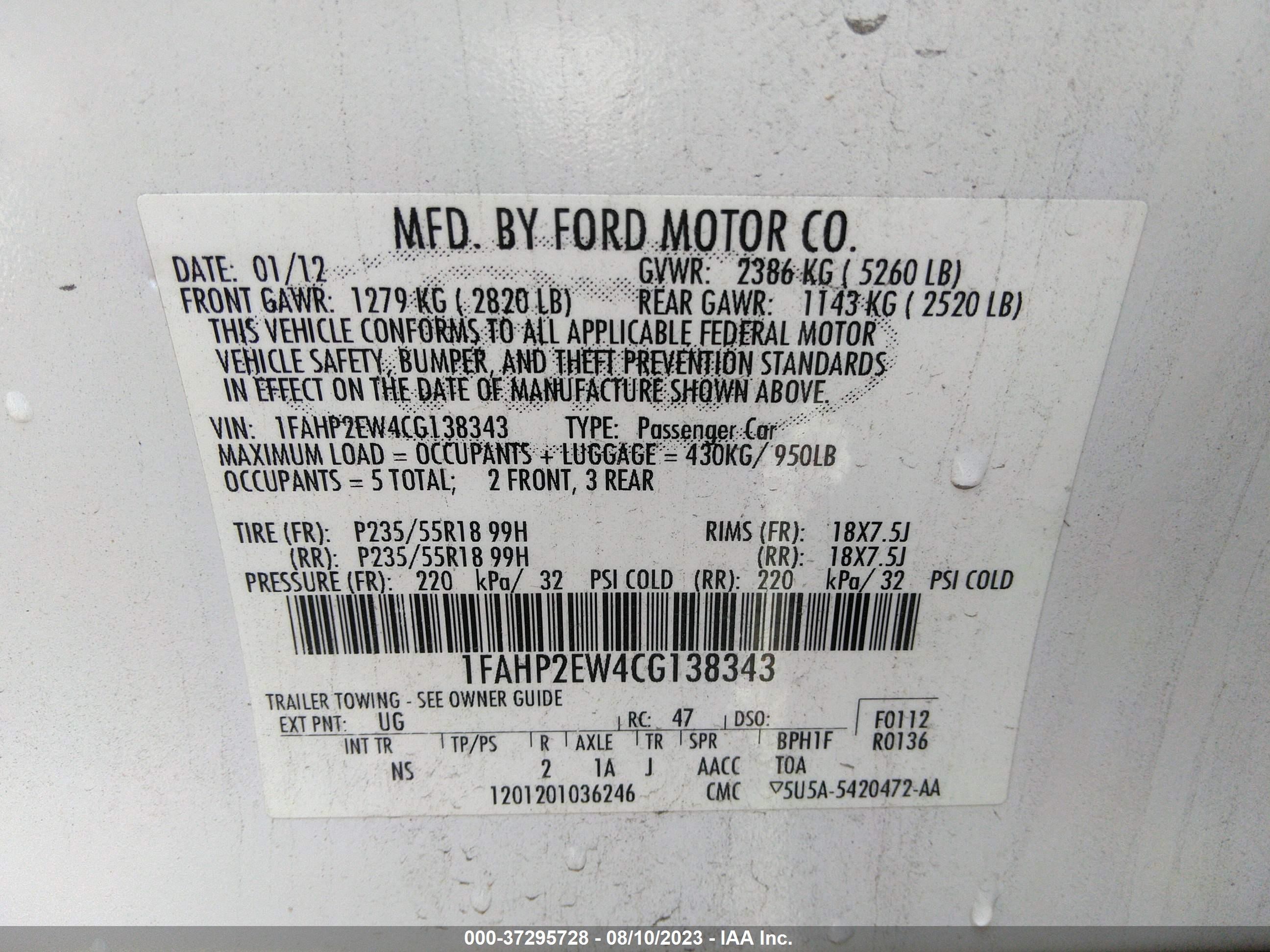 Photo 8 VIN: 1FAHP2EW4CG138343 - FORD TAURUS 