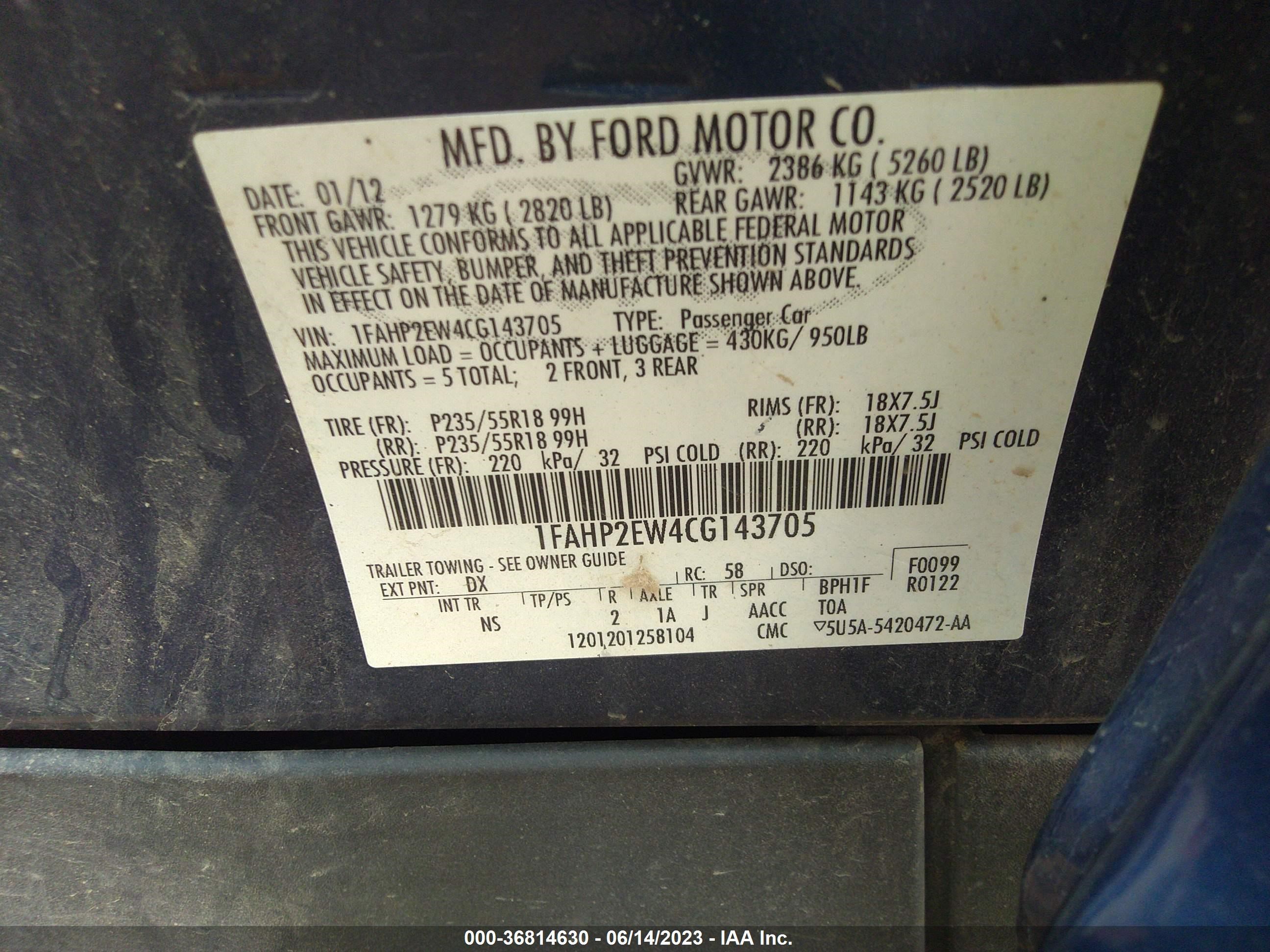 Photo 8 VIN: 1FAHP2EW4CG143705 - FORD TAURUS 