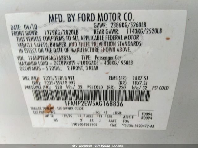 Photo 8 VIN: 1FAHP2EW5AG168836 - FORD TAURUS 