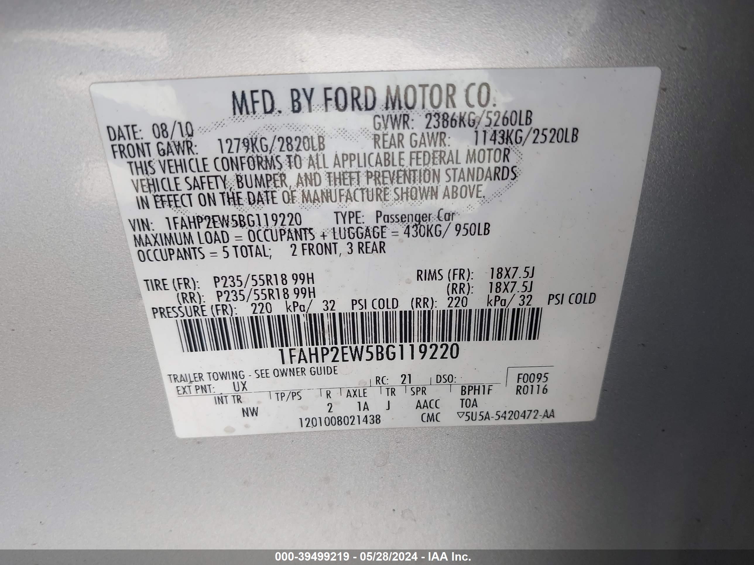 Photo 8 VIN: 1FAHP2EW5BG119220 - FORD TAURUS 