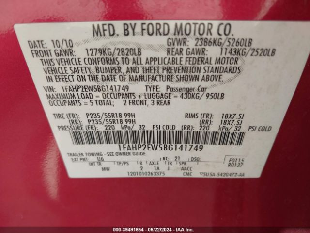 Photo 8 VIN: 1FAHP2EW5BG141749 - FORD TAURUS 