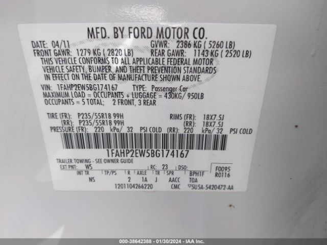 Photo 8 VIN: 1FAHP2EW5BG174167 - FORD TAURUS 