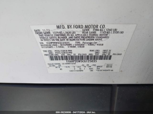 Photo 8 VIN: 1FAHP2EW5CG125035 - FORD TAURUS 