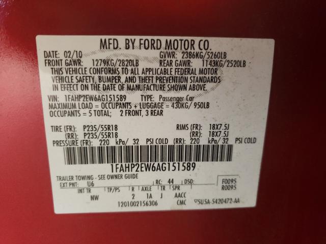 Photo 9 VIN: 1FAHP2EW6AG151589 - FORD TAURUS SEL 