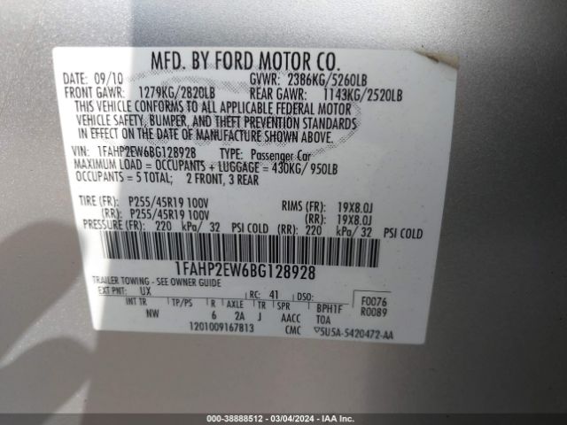 Photo 8 VIN: 1FAHP2EW6BG128928 - FORD TAURUS 