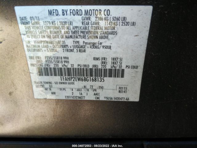 Photo 8 VIN: 1FAHP2EW6BG168135 - FORD TAURUS 