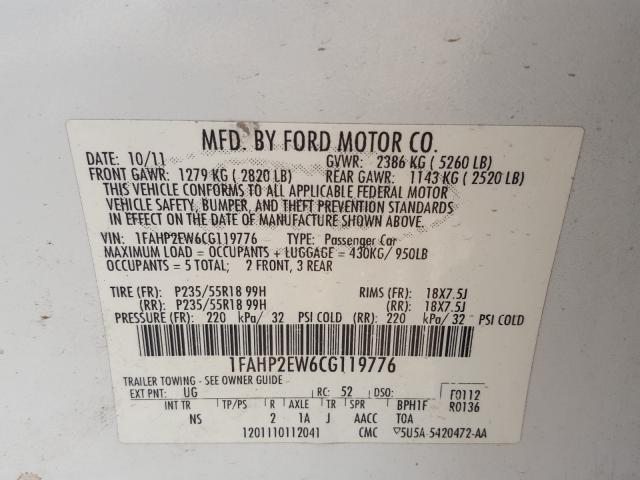 Photo 9 VIN: 1FAHP2EW6CG119776 - FORD TAURUS SEL 