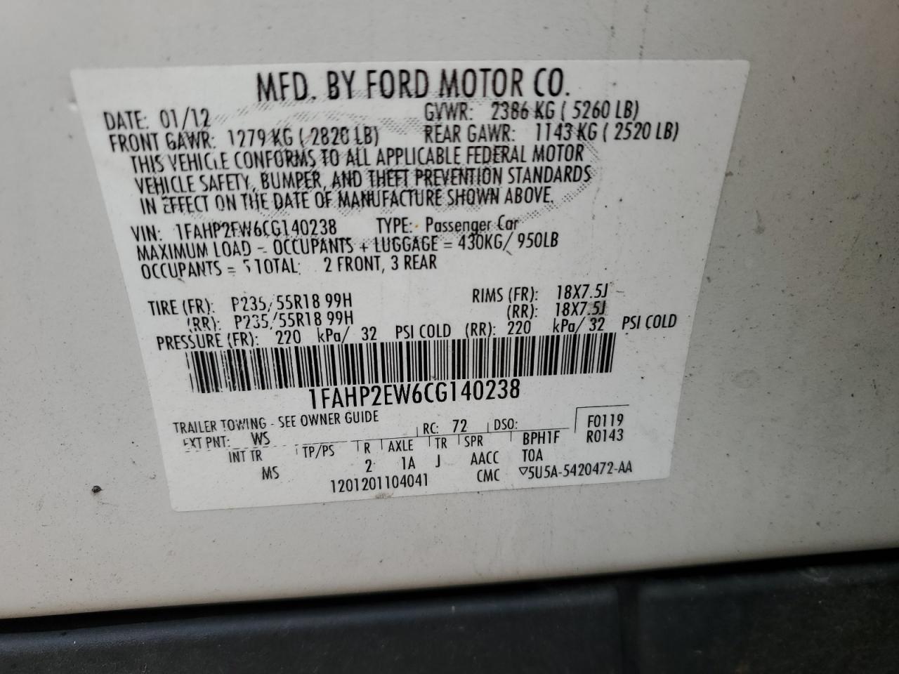 Photo 11 VIN: 1FAHP2EW6CG140238 - FORD TAURUS 