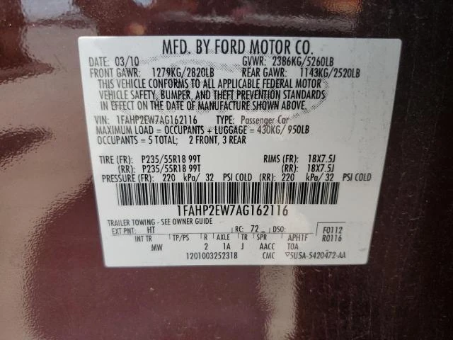 Photo 11 VIN: 1FAHP2EW7AG162116 - FORD TAURUS SEL 