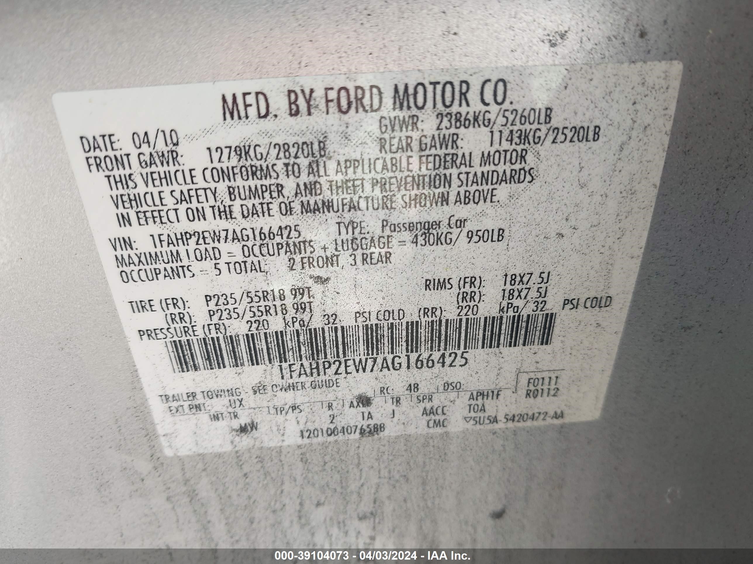 Photo 8 VIN: 1FAHP2EW7AG166425 - FORD TAURUS 