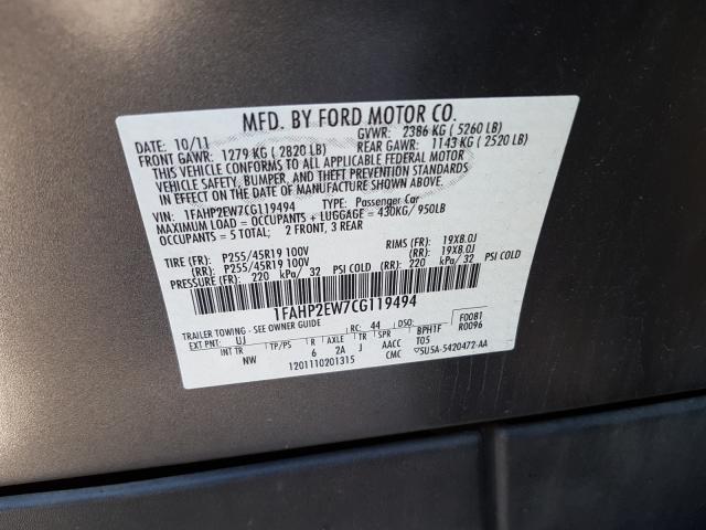 Photo 9 VIN: 1FAHP2EW7CG119494 - FORD TAURUS SEL 