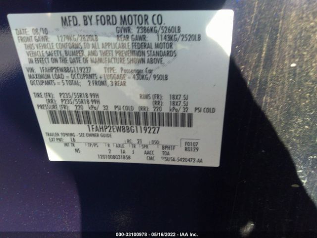 Photo 8 VIN: 1FAHP2EW8BG119227 - FORD TAURUS 