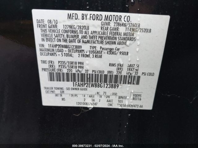 Photo 8 VIN: 1FAHP2EW8BG123889 - FORD TAURUS 