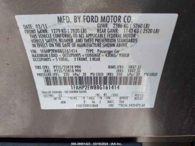 Photo 8 VIN: 1FAHP2EW8BG161414 - FORD TAURUS 