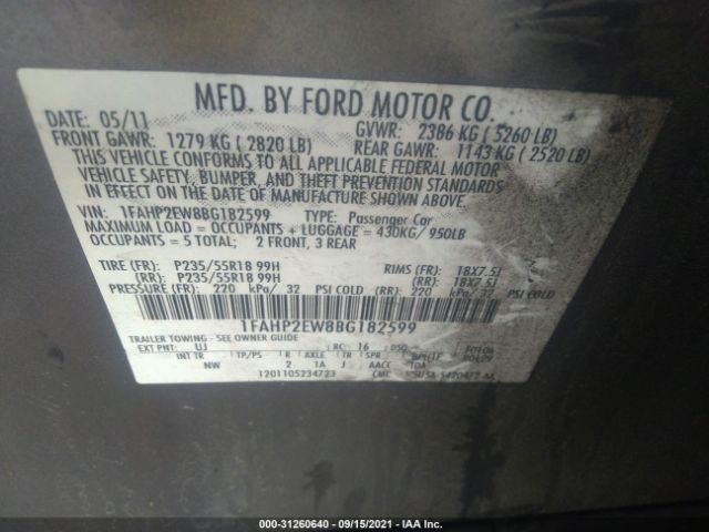 Photo 8 VIN: 1FAHP2EW8BG182599 - FORD TAURUS 