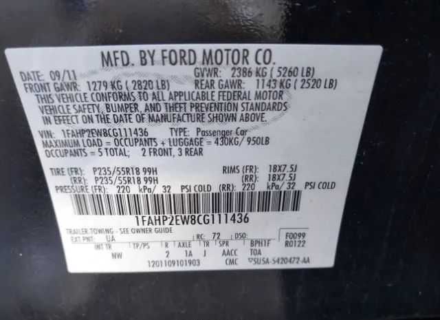 Photo 8 VIN: 1FAHP2EW8CG111436 - FORD TAURUS 