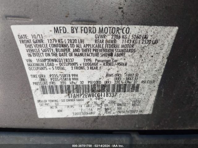 Photo 8 VIN: 1FAHP2EW8CG118337 - FORD TAURUS 