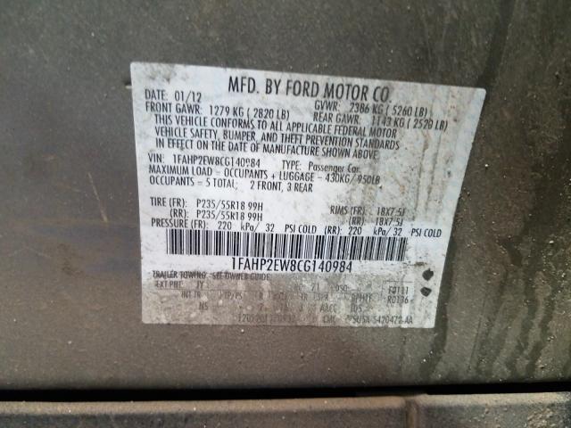 Photo 9 VIN: 1FAHP2EW8CG140984 - FORD TAURUS SEL 