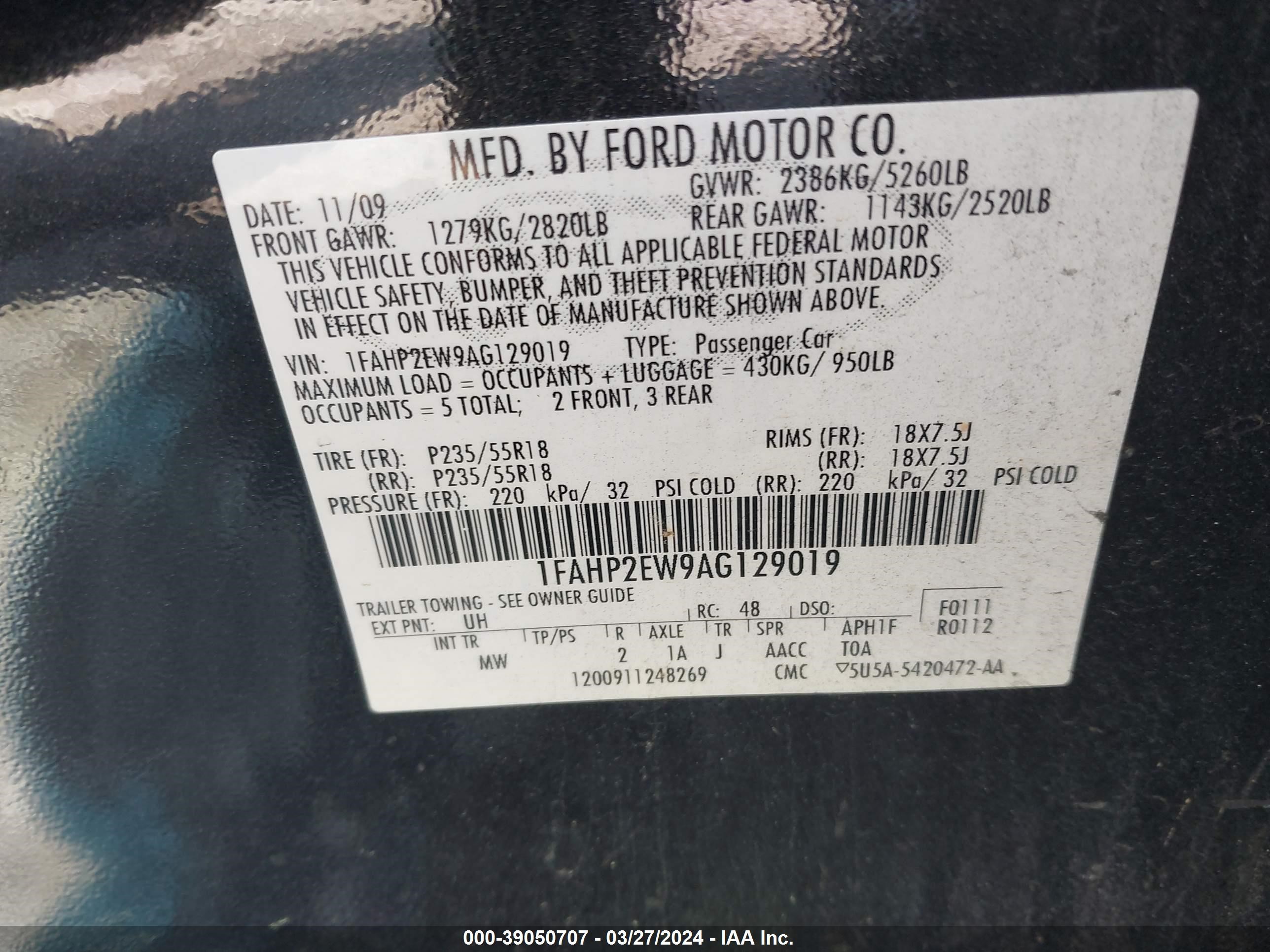 Photo 8 VIN: 1FAHP2EW9AG129019 - FORD TAURUS 