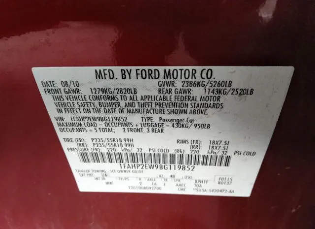 Photo 8 VIN: 1FAHP2EW9BG119852 - FORD TAURUS 