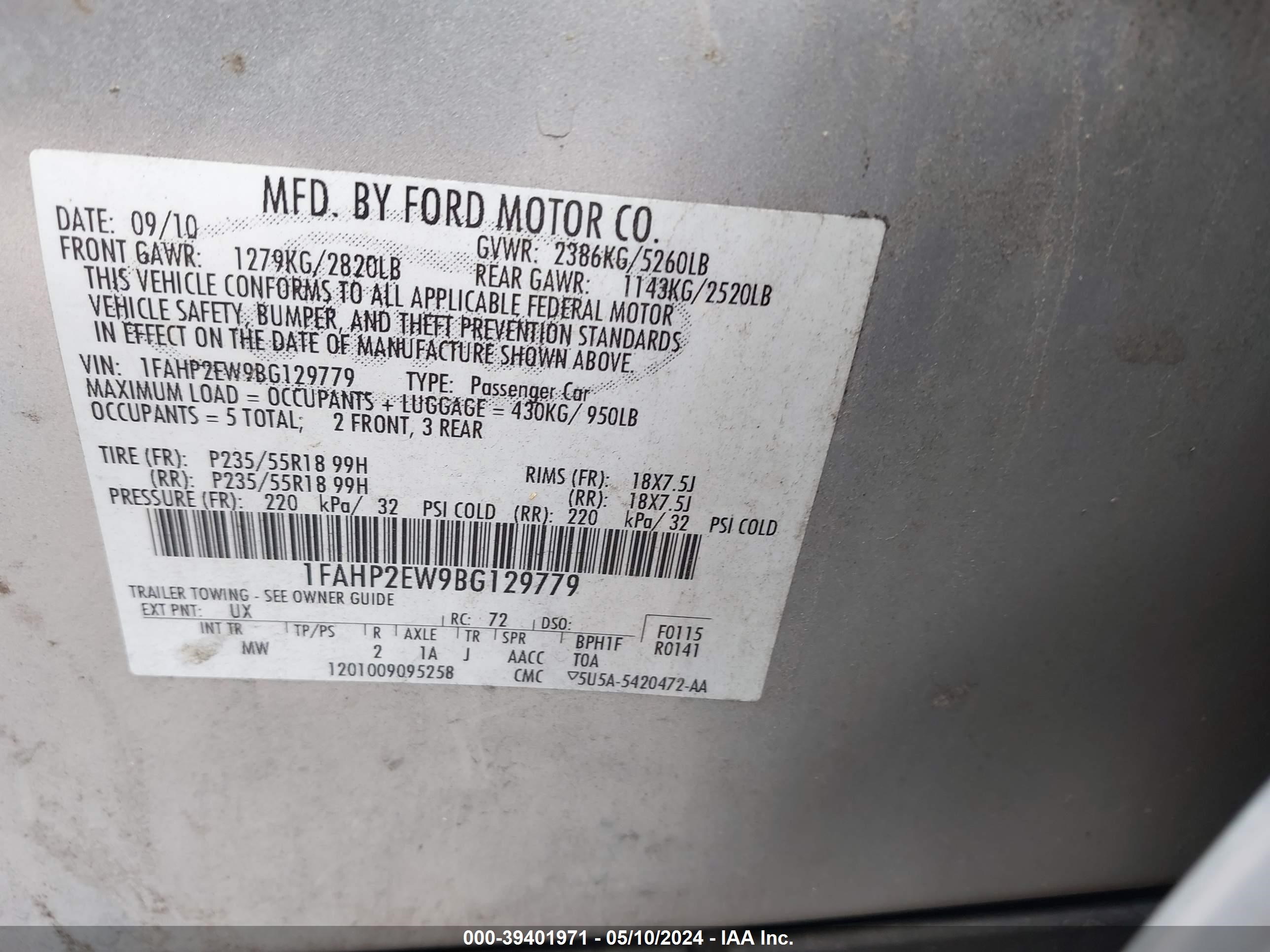 Photo 8 VIN: 1FAHP2EW9BG129779 - FORD TAURUS 