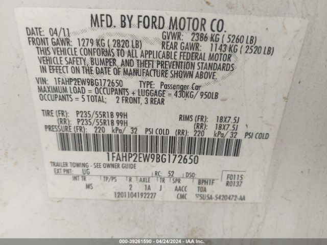 Photo 8 VIN: 1FAHP2EW9BG172650 - FORD TAURUS 