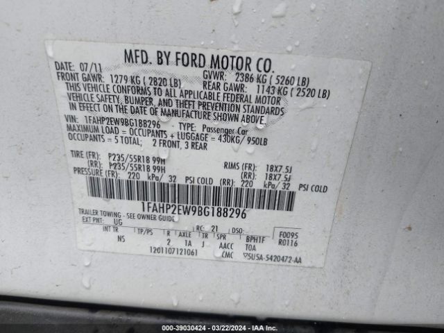 Photo 8 VIN: 1FAHP2EW9BG188296 - FORD TAURUS 