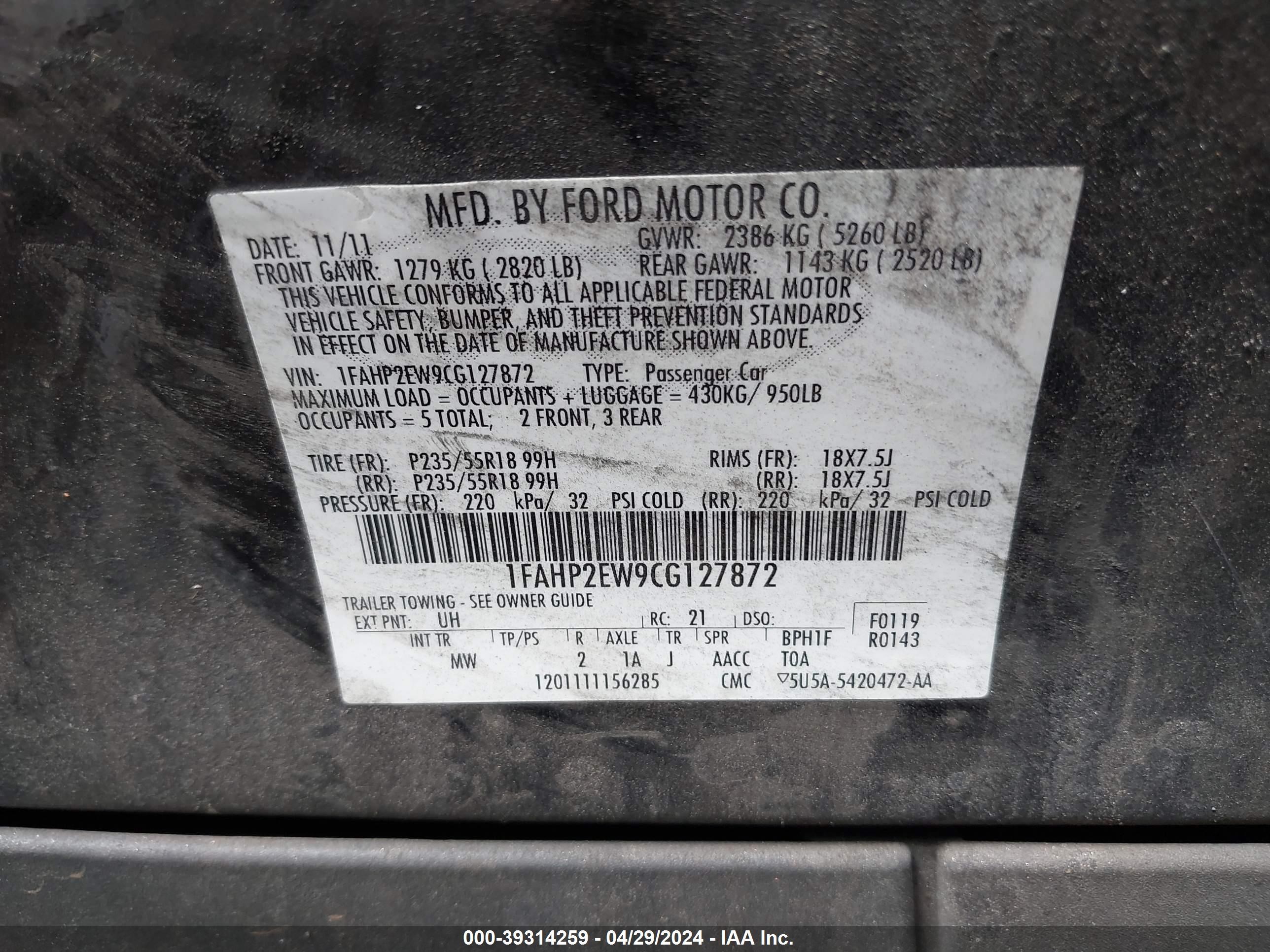 Photo 8 VIN: 1FAHP2EW9CG127872 - FORD TAURUS 